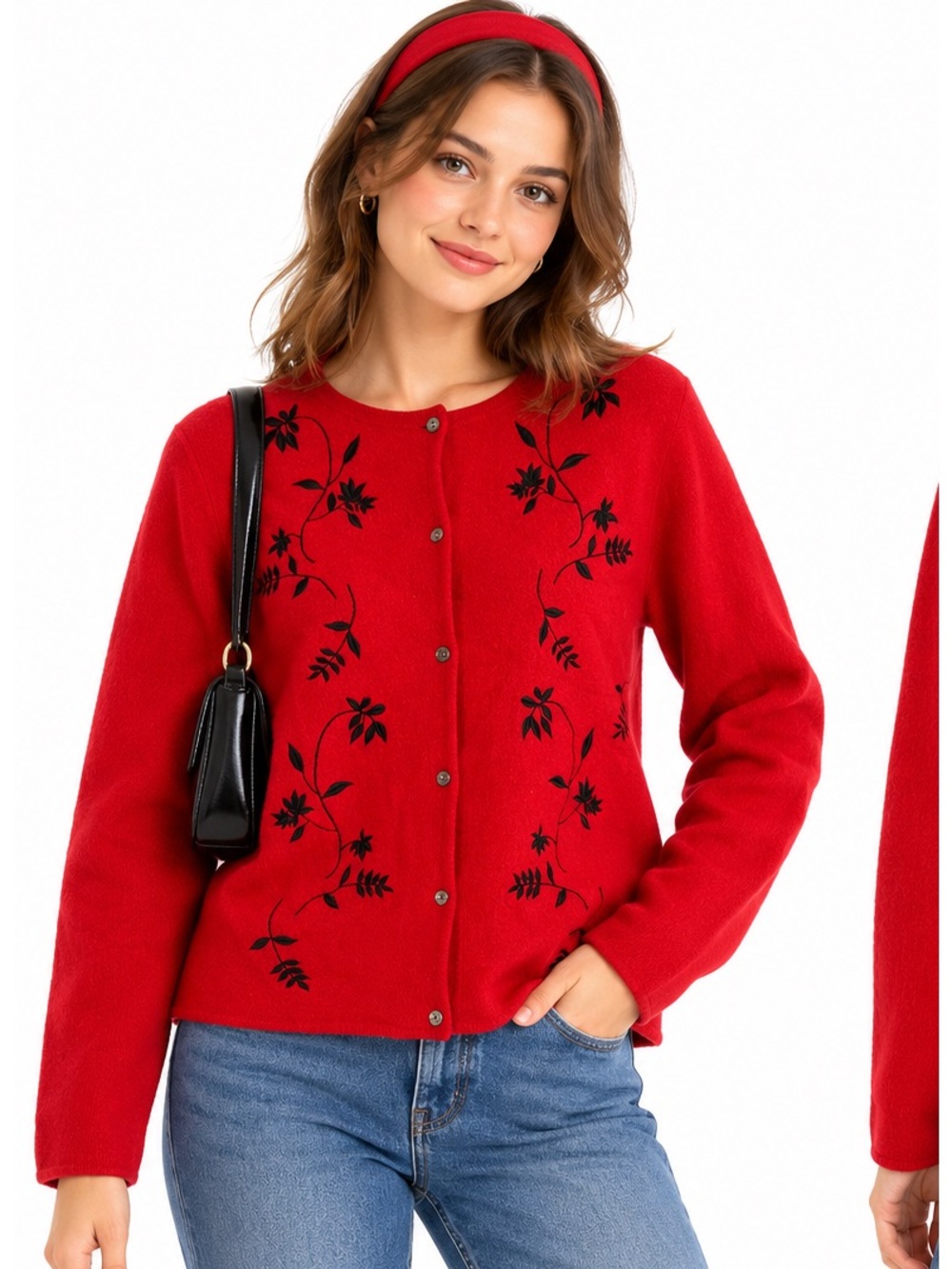 VTG Charter Club 100% Pure Wool Cardigan Red Floral Embroidered Woolmark Sweater